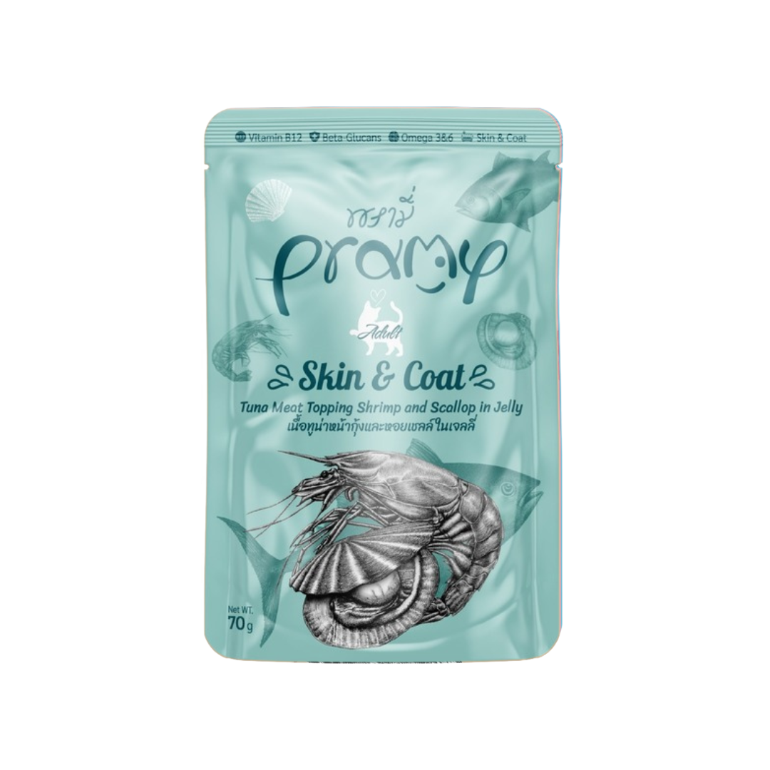 Pramy SKIN & COAT Pouch Tuna Meat Topping Shrimp & Scallop in Jelly for Adult 70g
