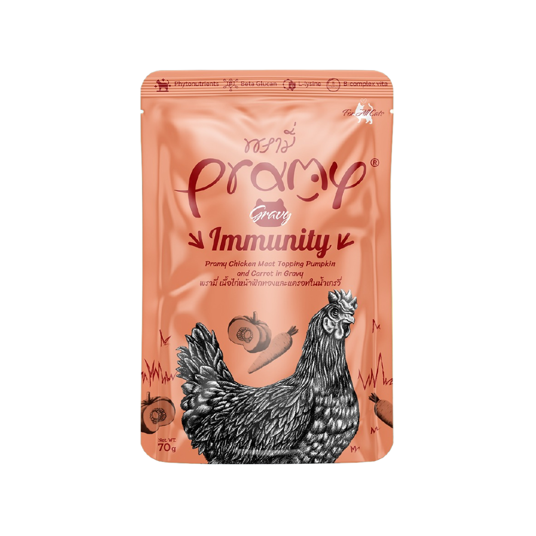 Pramy IMMUNITY Pouch Chicken Meat Topping Pumpkin & Carrot in Gravy for All Cats 70g
