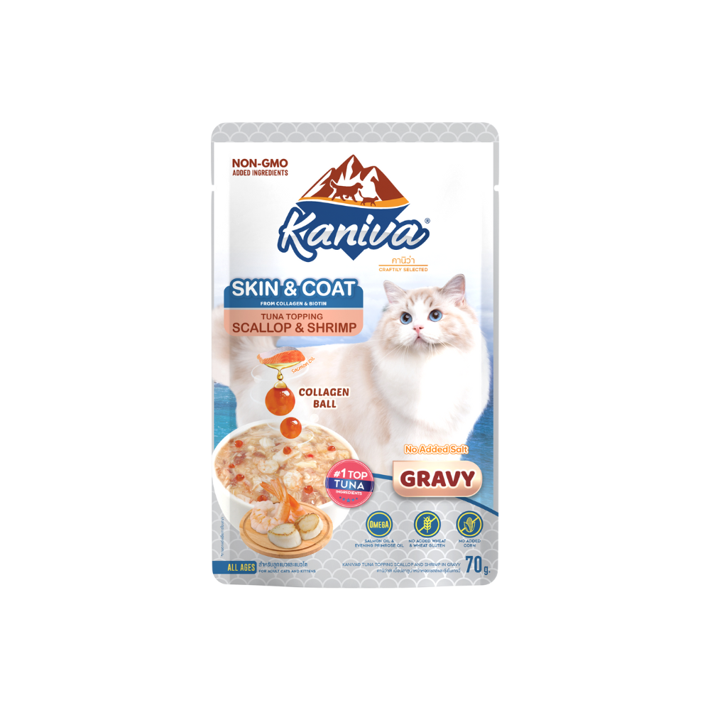 Kaniva Pouch SKIN & COAT Tuna Topping Scallop & Shrimp in Gravy 70g (Kaniva's Special Formula)