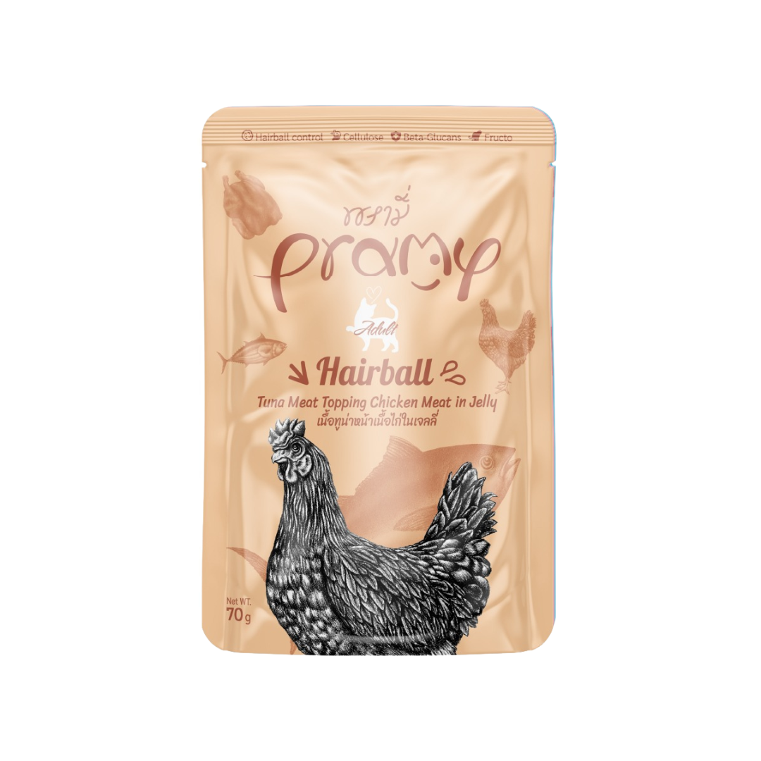 Pramy HAIRBALL Pouch Tuna Meat Topping Chicken Meat in Jelly for Adult 70g