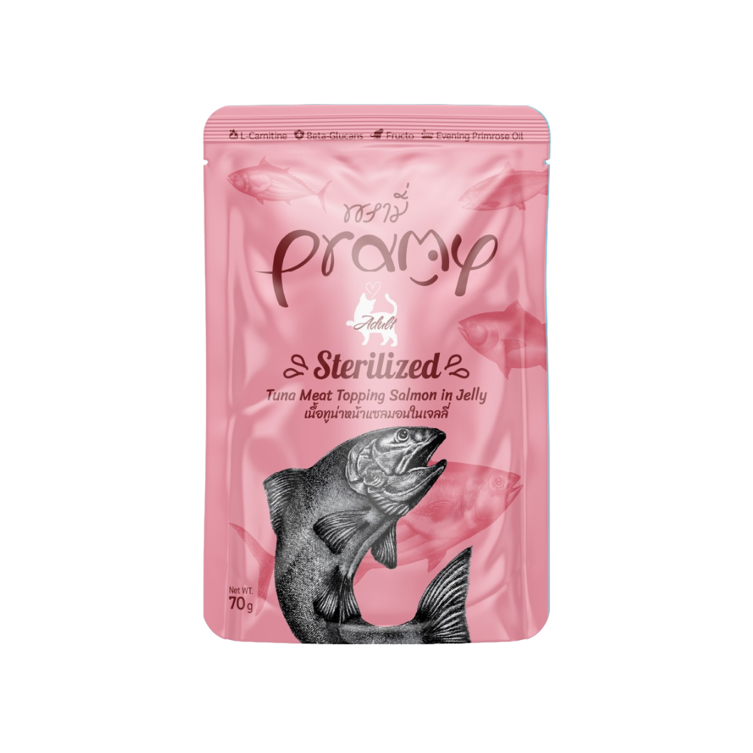 Pramy STERILIZED Pouch Tuna Meat Topping Salmon in Jelly for Adult 70g