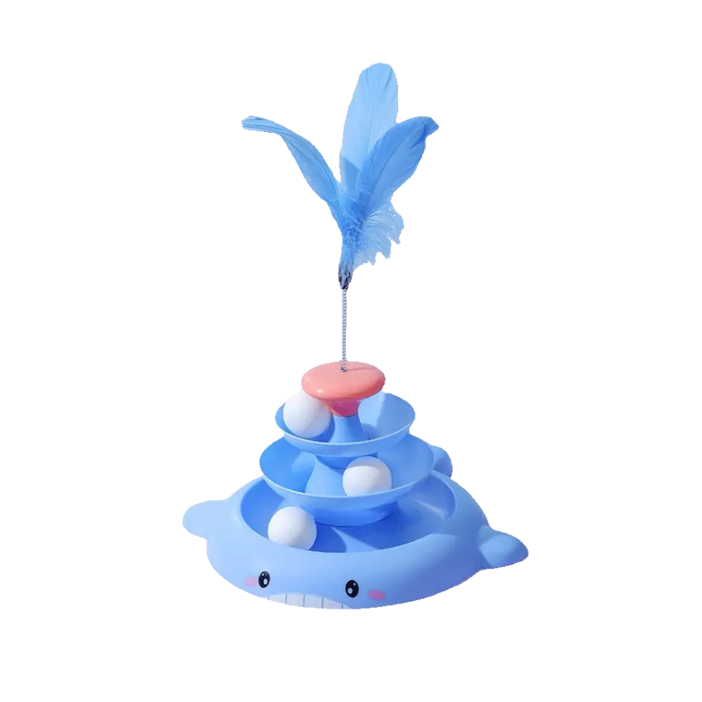 3Tier Turnable Disk Tower Toy with Feather Fish Design Basement for Cats