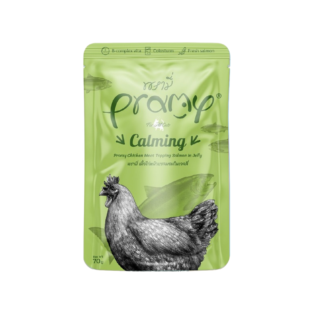 Pramy CALMING Pouch Chicken Meat Topping Salmon in Jelly for Adult 70g