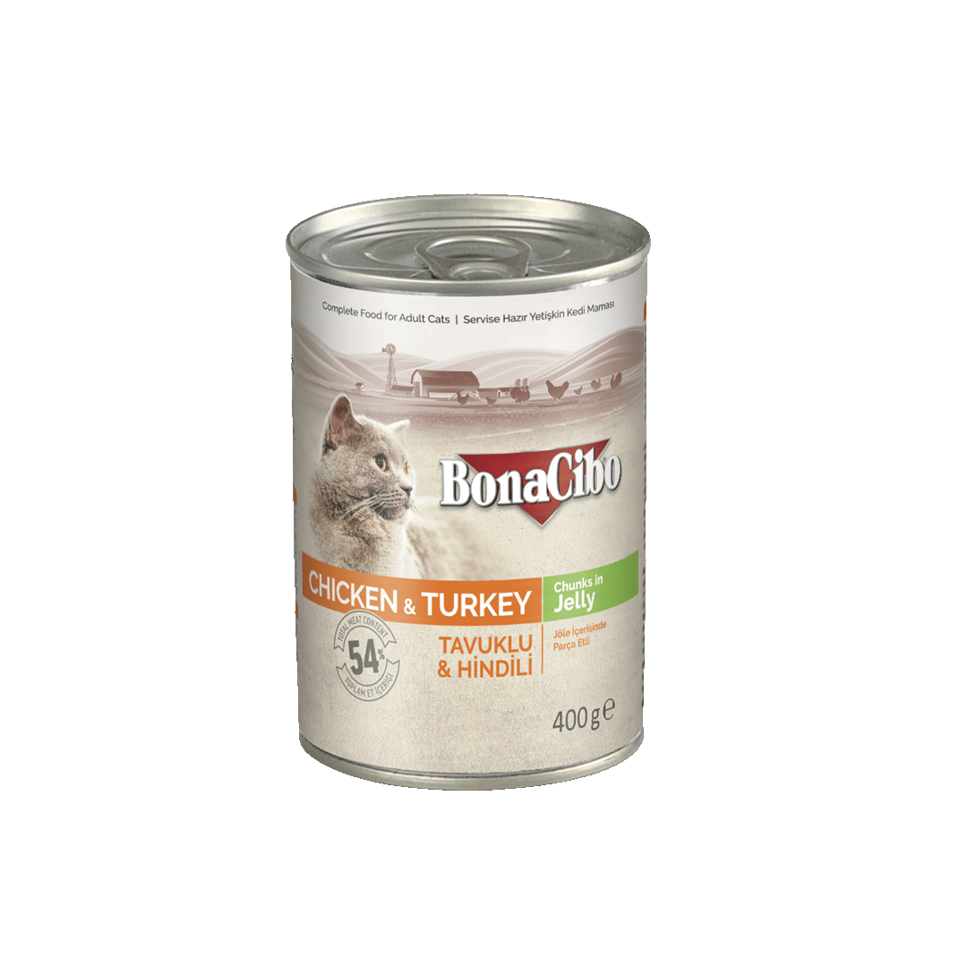 BonaCibo Canned Cat Food Chicken & Turkey Chunks In Jelly 400g
