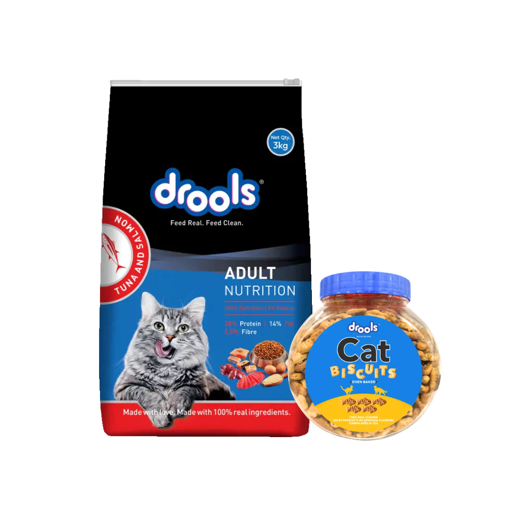 Drools Adult Cat Food Tuna & Salmon 3kg (Free 110g Cat Biscuits)