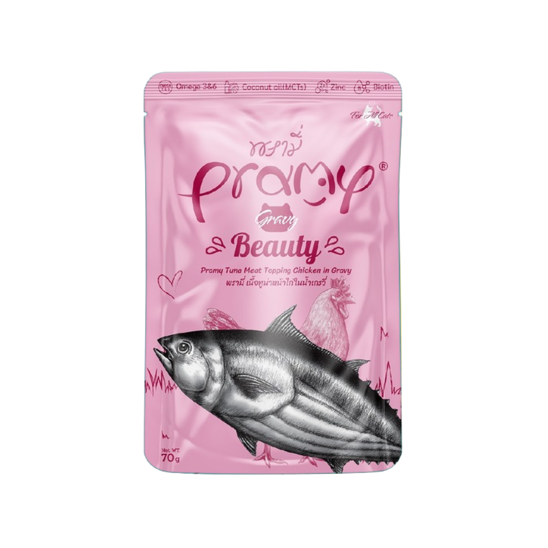 Pramy BEAUTY Pouch Tuna Meat Topping Chicken Meat in Gravy for All Cats 70g