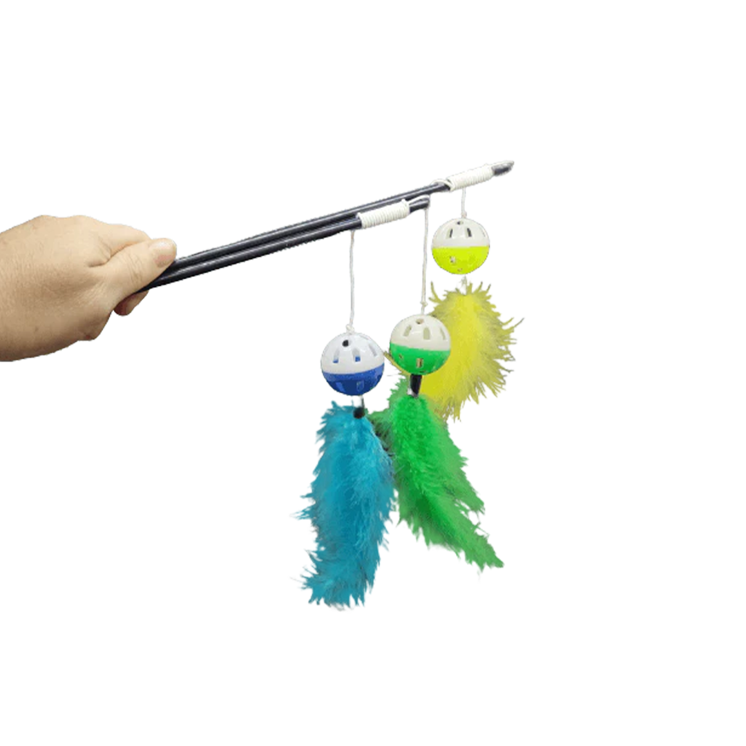 Premium Cat Toy Teaser Stick with Ball, Bell & Feather